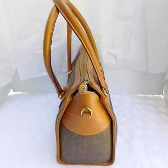 Vintage GUCCI Tan Monogram Canvas Leather Trim Spell-Out Logo Satchel - Picture 6 of 12